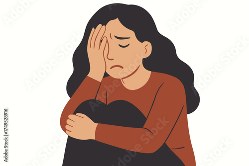 Sad young female character crying with hand on face, long hair, casual attire