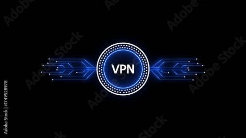 Glowing neon line HUD circle with vpn circuit board and electronic details on dark backdrop with dotted halftone effect.Futuristic Circuit Board. Circuit Footage.