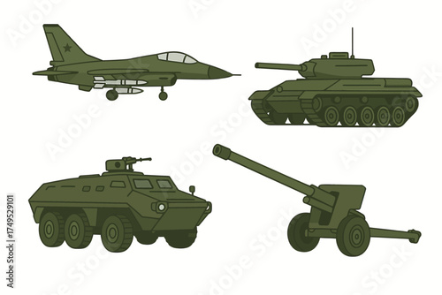 Illustration of military vehicles: jet, tank, armored car, artillery cannon