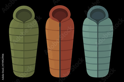 Three colorful sleeping bags: green, orange, blue - outdoor camping gear collection