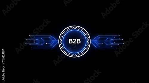 Glowing neon line HUD circle with b2b circuit board and electronic details on dark backdrop with dotted halftone effect.Futuristic Circuit Board. Circuit Footage.