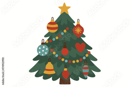 Festive christmas tree with colorful ornaments and star topper