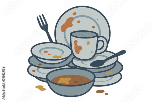 Illustration of unwashed dishes with plates, cups, and utensils