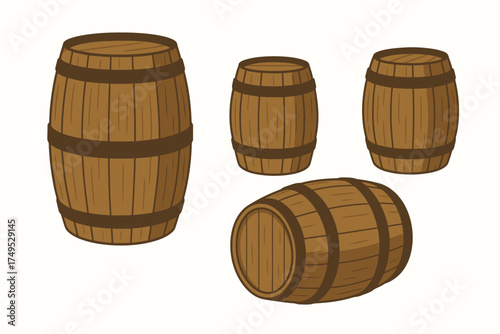 Collection of four wooden barrels in various sizes and positions