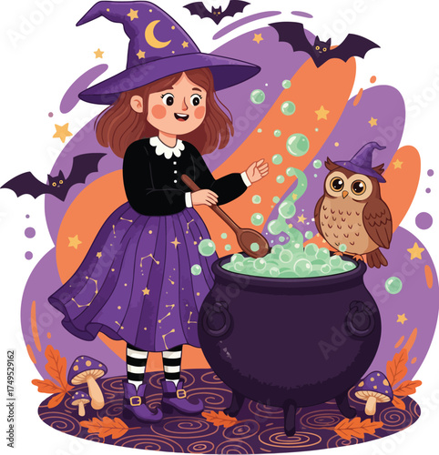 Cute Little Witch Stirring Potion in Cauldron with Owl Companion and Bats Flying at Halloween Party
