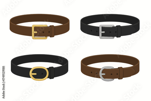 Set of four stylish leather belts with silver and gold buckles