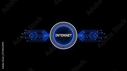 Glowing neon line HUD circle with internet circuit board and electronic details on dark backdrop with dotted halftone effect.Futuristic Circuit Board. Circuit Footage.