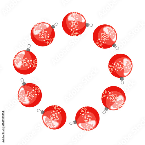 Ornament arranged in a circular wreath with red Christmas tree ball in cartoon.