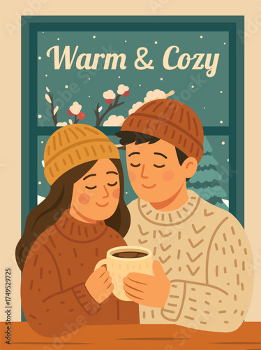 A cozy Christmas illustration a man and woman warming themselves with a mug of cocoa against a window and winter landscape. A warm homey atmosphere. Perfect for holiday cards, greetings, social media