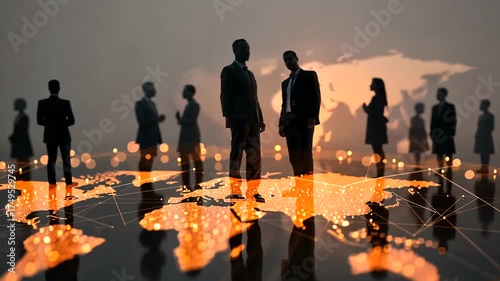 Global Business Connection with Silhouettes of Professionals and Map Background