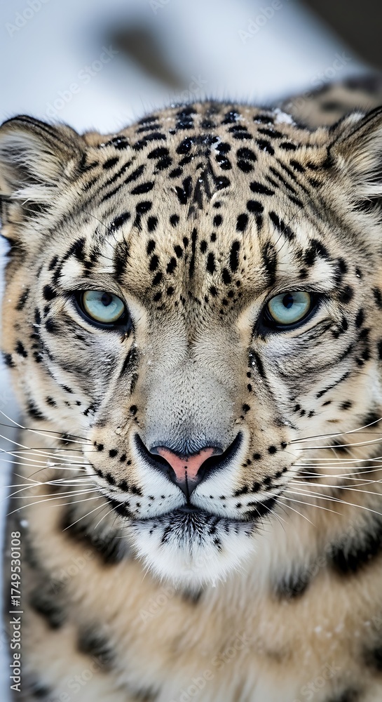 Naklejka premium Intense Gaze - A Snow Leopards Piercing Blue Eyes.