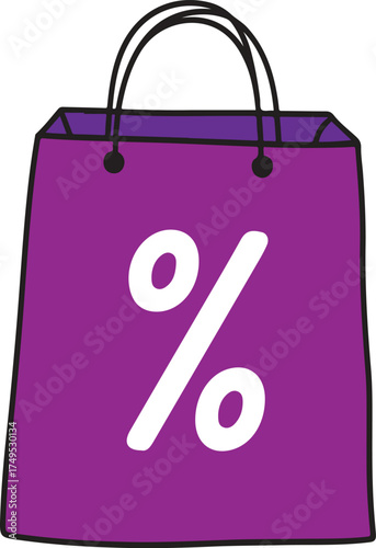 Purple shopping bag with percentage symbol isolated on transparent background.