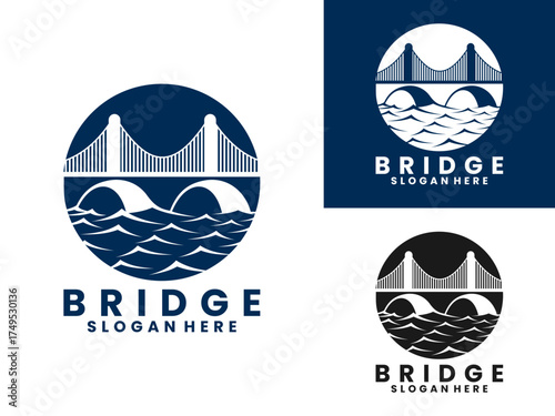 Bridge silhouette with circle and sea logo design vector template