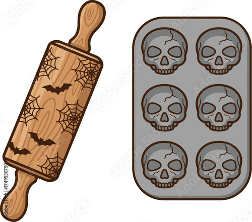 Halloween Baking Fun Spooky Skull Muffin Pan and Spiderweb Bat Rolling Pin for Creative Holiday Treats