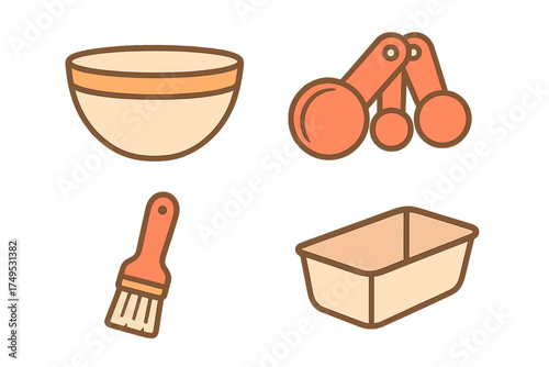 Essential baking tools set including mixing bowl measuring spoons pastry brush and loaf pan