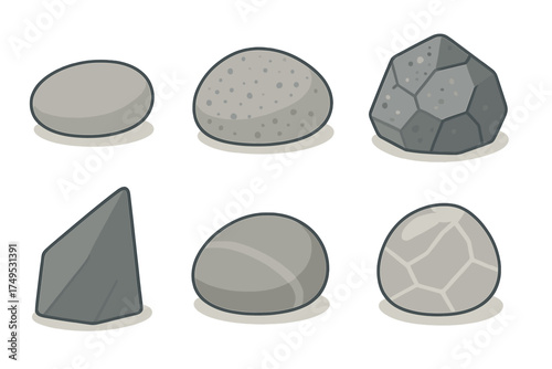 Set of six gray cartoon stones and rocks with various shapes and textures