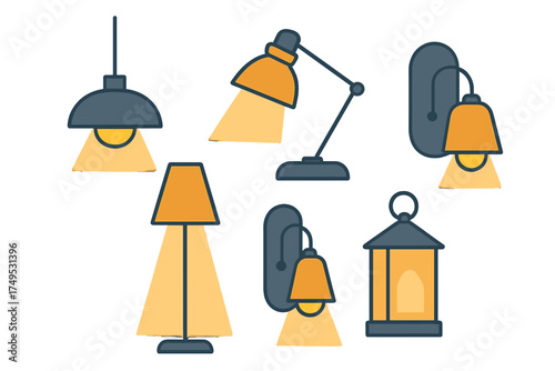 Assortment of home and office lighting fixtures including pendant, desk, floor, and wall lamps