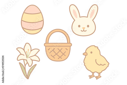 Charming set of Easter symbols including bunny chick egg basket and spring flower
