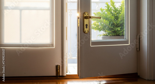 Sun Glint on Brass Handle of an Open White Door
A vibrant close-up of a white wooden door with a glass panel, positioned slightly ajar, bathing the room in warm sunlight