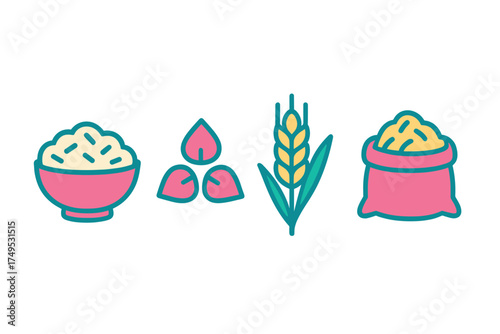 Set of staple grain icons: rice, seeds, wheat stalk, and flour sack