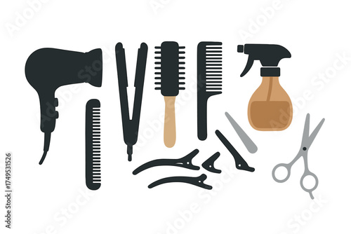 Assortment of professional black and gray hair styling tools and accessories