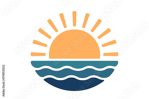 Stylized sun rising over ocean waves in circular emblem design