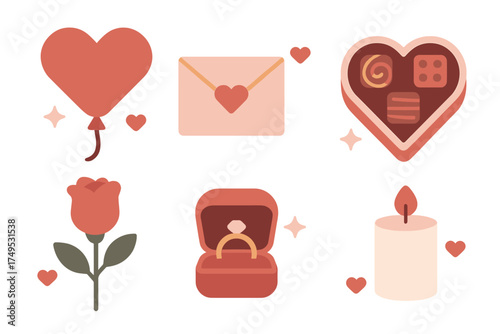 Romantic holiday icons set featuring heart balloon, rose, ring, and chocolate box