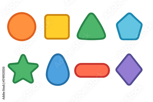 Collection of basic colorful geometric shapes with thick outlines and soft edges