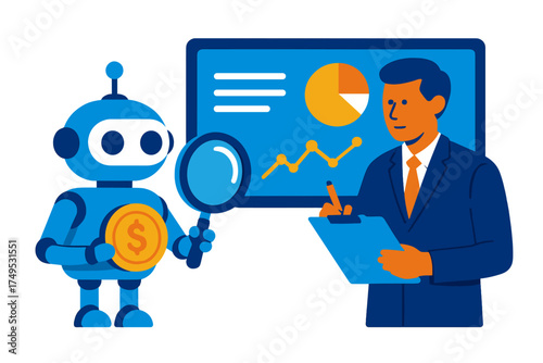 Robot and businessman analyzing financial data charts and currency