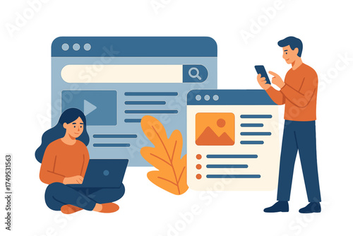 Users interacting with digital content and search interfaces on devices