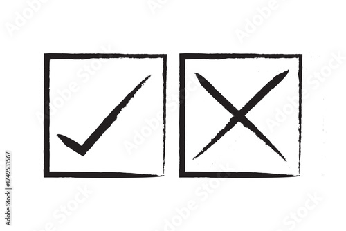 A hand-drawn brush stroke set of check & cross marks for website voting & review icons & creating 'Do and Don't' infographic lists. A green 'yes' and red 'no' symbol collection. 