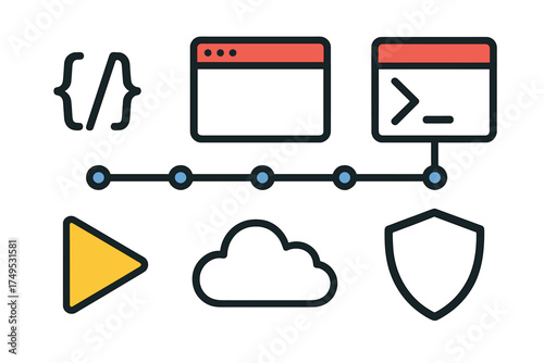 Set of icons for software development process and technology workflow