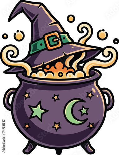 Magical Halloween Witch Cauldron Brewing Potion with Stars and Moon Iconography