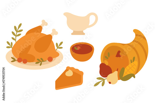 Traditional holiday feast elements with roasted bird and harvest symbols