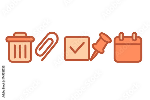 Five essential office and organization symbols in warm orange color palette