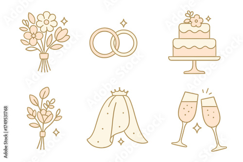 Delicate line art icons for wedding celebration and romance elements