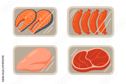 Various raw vacuum-sealed meat and fish protein packages