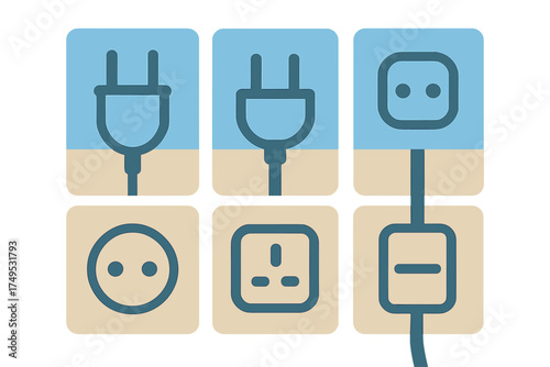 Collection of electrical plugs and power sockets icons in two-tone style