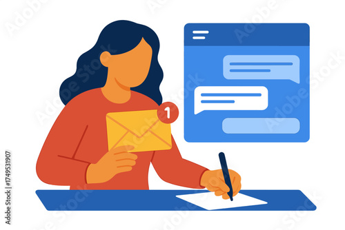 Woman managing incoming message notification while writing physical correspondence