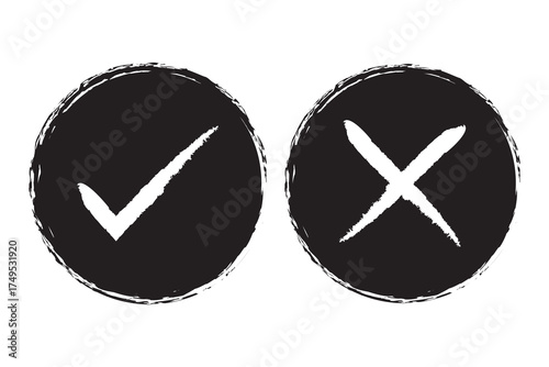 grunge hand drawn with brush strokes cross x and tick OK check marks. cross and check mark isolated on white background.