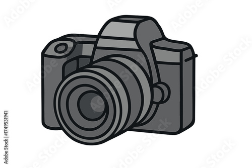 Monochrome graphic of a modern interchangeable lens camera body and lens