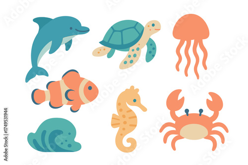 Collection of cute cartoon sea creatures and various ocean life icons