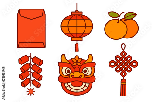 Traditional symbols for Lunar New Year celebration with lantern and lucky knot