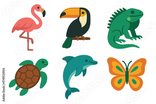 Collection of tropical and exotic animal icons featuring flamingo, toucan, iguana, turtle, dolphin, and butterfly