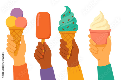 Diverse hands holding various frozen desserts and sweet cold treats