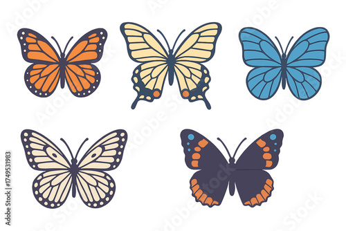 Five stylized colorful butterfly icons in modern flat design style