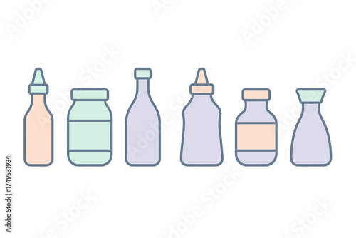 Set of six assorted food and beverage containers icons in pastel colors