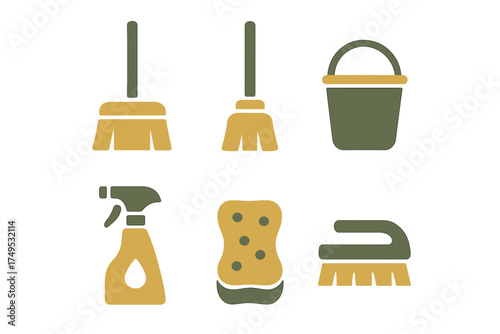 Collection of essential household cleaning tools icons for hygiene and maintenance concepts
