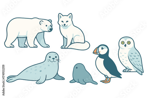 Cute arctic and polar wildlife animals in simple stylized design