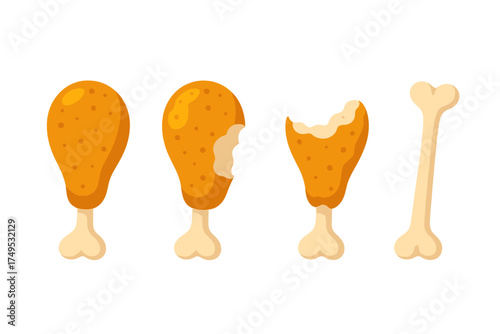 Progression of eating a fried chicken drumstick from whole to bone